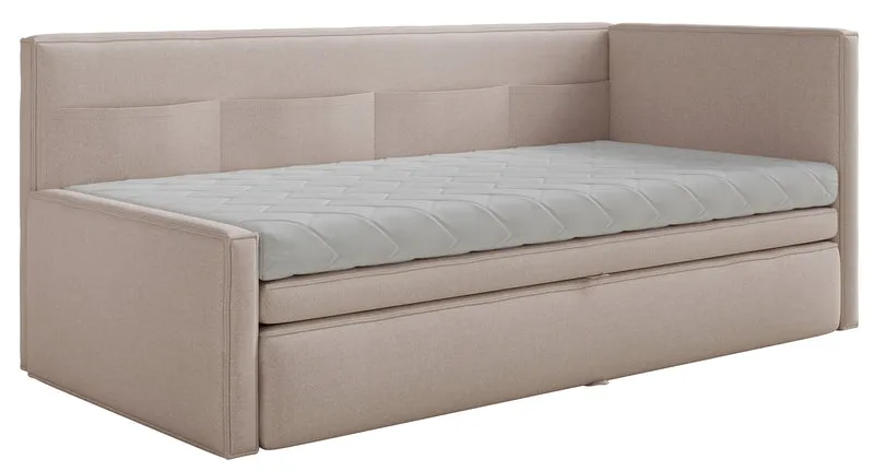 Jugendbett 90x200 cm Nesmi, rechts ausziehbar, mit Matratzen, beige Chenille, pflegeleicht