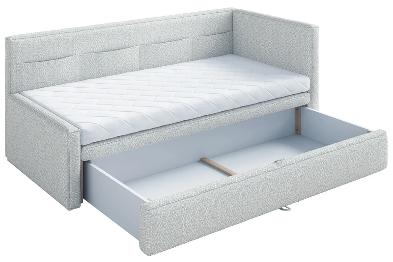 Jugendbett 90x200 cm Nesmi rechtsseitig mit Stauraum hellblau Flechtmuster