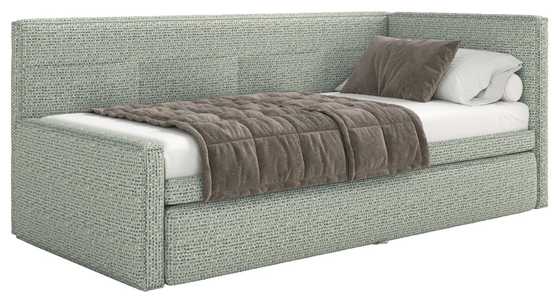 Jugendbett 90x200 cm Nesmi, ausziehbar, rechtsseitig, mit Matratzen in Salbeigrün Flechtoptik