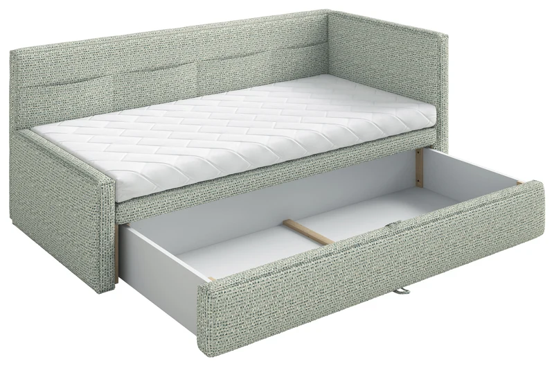 Jugendbett 90x200 cm Nesmi rechtsseitig mit Matratze und Stauraum Salbeigrüner Flechtstoff