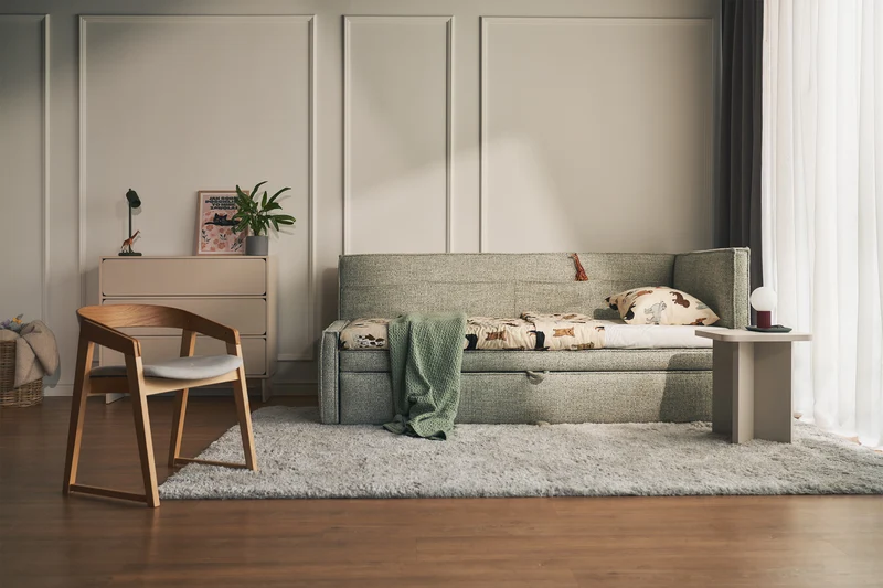 Jugendbett 90x200 cm Nesmi, ausziehbar, rechtsseitig, mit Matratzen in Salbeigrün Flechtoptik
