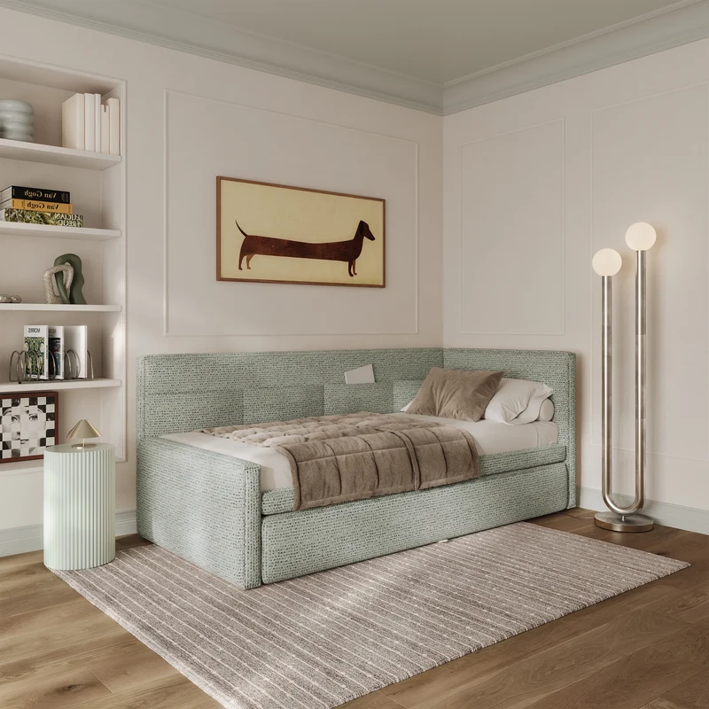 Jugendbett 90x200 cm Nesmi, ausziehbar, rechtsseitig, mit Matratzen in Salbeigrün Flechtoptik