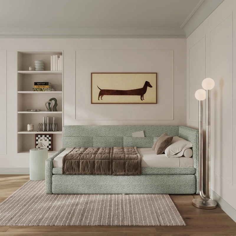 Jugendbett 90x200 cm Nesmi, ausziehbar, rechtsseitig, mit Matratzen in Salbeigrün Flechtoptik
