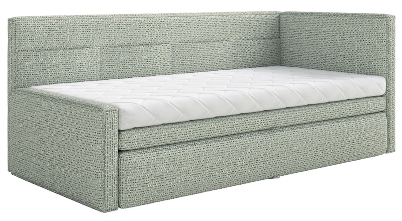 Jugendbett 90x200 cm Nesmi, ausziehbar, rechtsseitig, mit Matratzen in Salbeigrün Flechtoptik