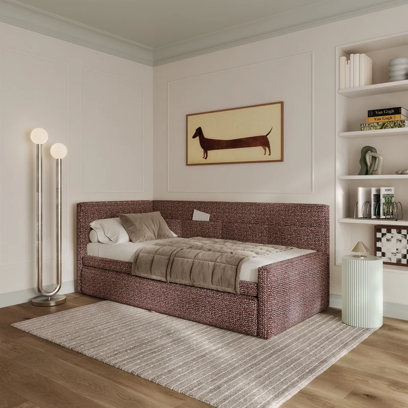 Jugendbett 90x200 cm Nesmi, links ausziehbar, mit Matratzen, braunes Geflecht