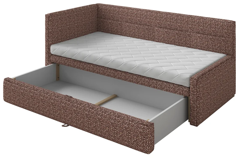 Jugendbett 90x200 cm Nesmi linksseitig mit Matratze und Bettkasten braunes Geflecht