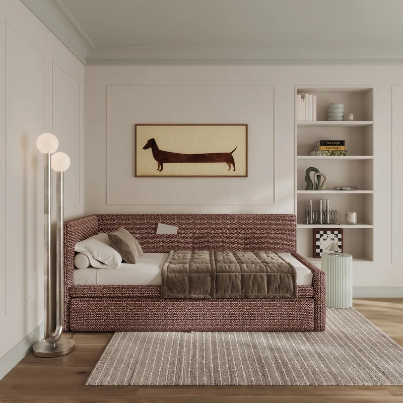 Jugendbett 90x200 cm Nesmi, links ausziehbar, mit Matratzen, braunes Geflecht