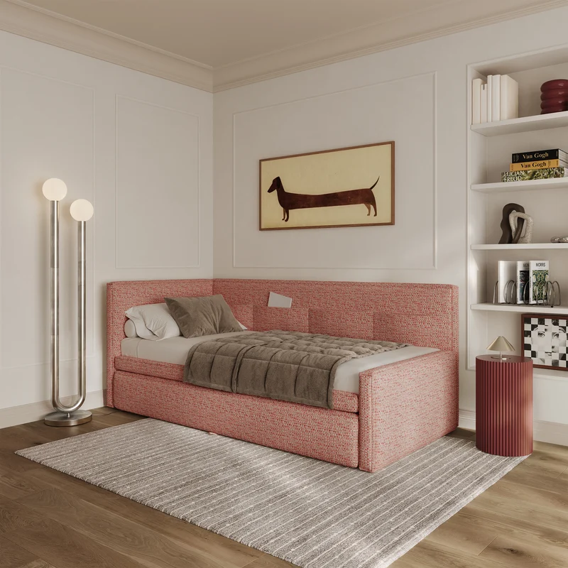 Jugendbett 90x200 cm Nesmi linksseitig mit Stauraum rosa Flechtmuster