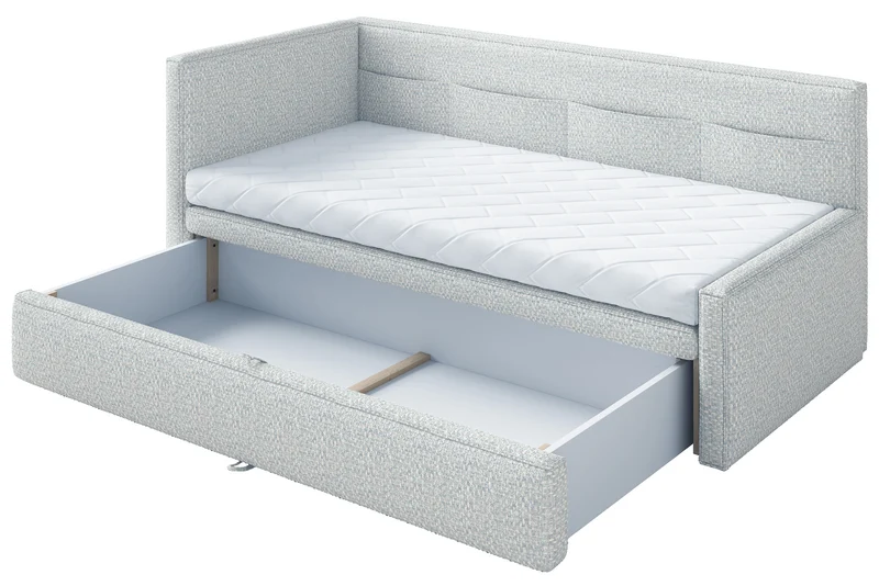 Jugendbett 90x200 cm Nesmi linksseitig mit Stauraum hellblau Flechtoptik