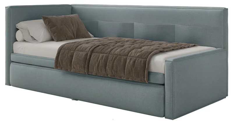 Jugendbett 90x200 cm Nesmi, ausziehbar, linksseitig, mit Matratzen, blaue Chenille, pflegeleicht