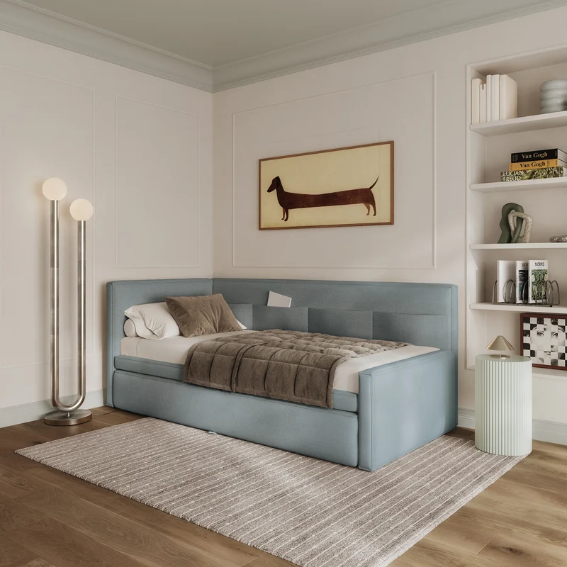 Jugendbett 90x200 cm Nesmi, ausziehbar, linksseitig, mit Matratzen, blaue Chenille, pflegeleicht