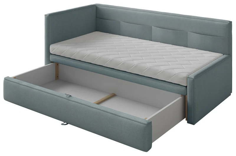 Jugendbett 90x200 cm Nesmi links mit Matratze und Stauraum, blaues Chenille, pflegeleicht