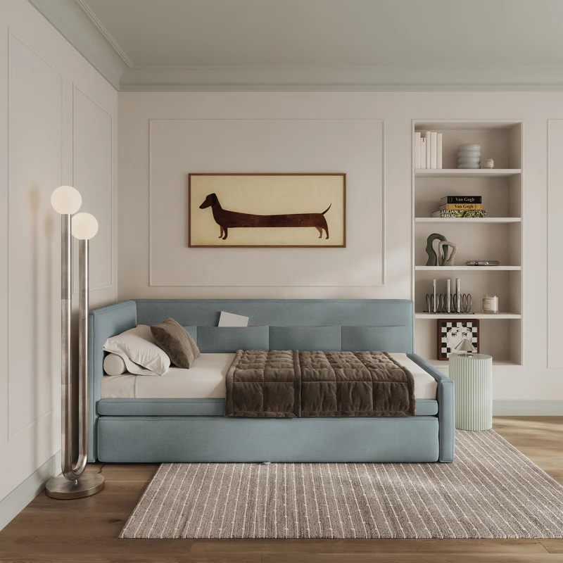 Jugendbett 90x200 cm Nesmi, ausziehbar, linksseitig, mit Matratzen, blaue Chenille, pflegeleicht