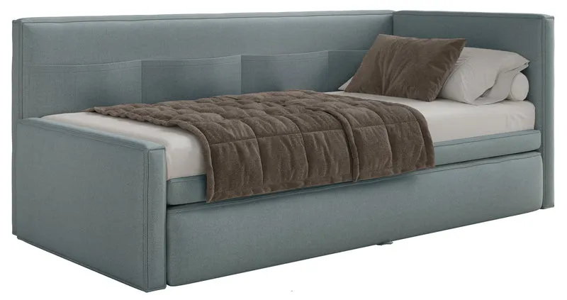 Jugendbett 90x200 cm Nesmi, ausziehbar, linksseitig, mit Matratzen, blaue Chenille, pflegeleicht
