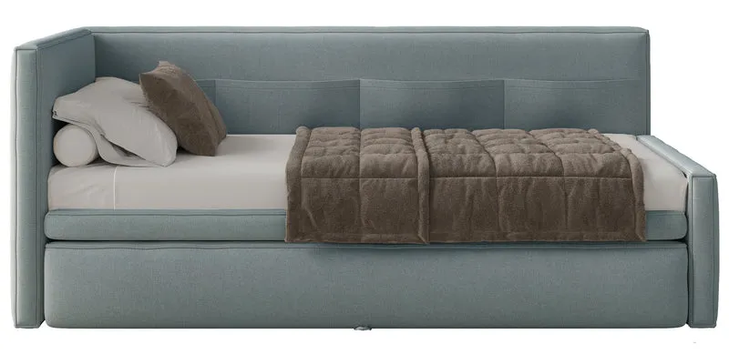 Jugendbett 90x200 cm Nesmi, ausziehbar, linksseitig, mit Matratzen, blaue Chenille, pflegeleicht