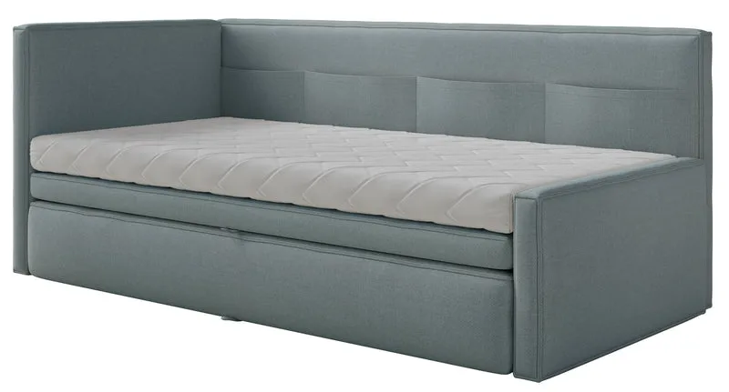 Jugendbett 90x200 cm Nesmi, ausziehbar, linksseitig, mit Matratzen, blaue Chenille, pflegeleicht