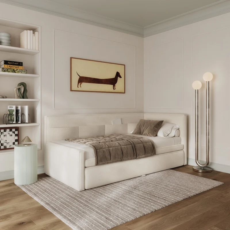 Jugendbett 90x200 cm Nesmi rechtsseitig mit Matratze und Bettkasten, cremefarbener Chenille, pflegeleicht