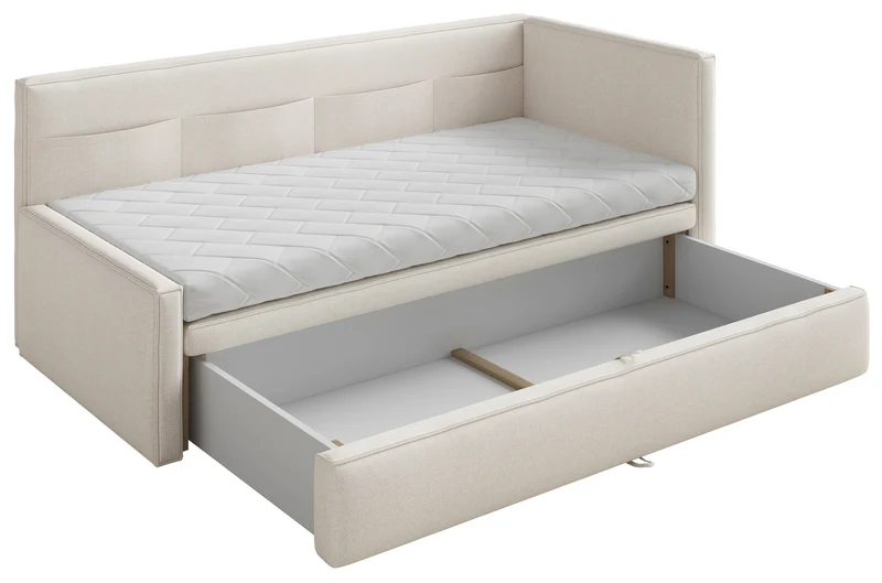 Jugendbett 90x200 cm Nesmi rechtsseitig mit Matratze und Bettkasten, cremefarbener Chenille, pflegeleicht