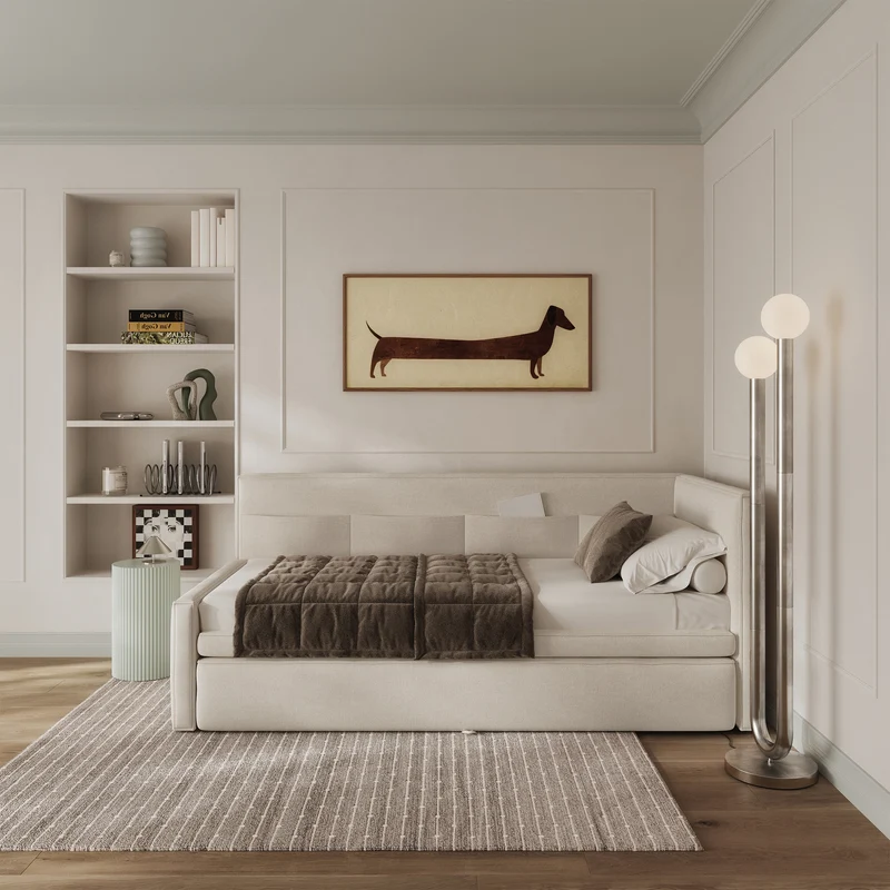 Jugendbett 90x200 cm Nesmi rechtsseitig mit Matratze und Bettkasten, cremefarbener Chenille, pflegeleicht