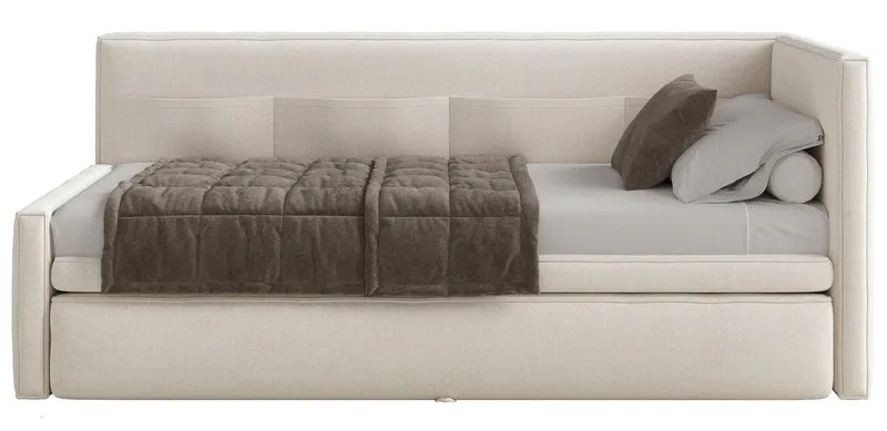 Jugendbett 90x200 cm Nesmi rechtsseitig mit Matratze und Bettkasten, cremefarbener Chenille, pflegeleicht