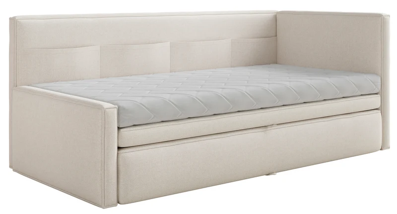 Jugendbett 90x200 cm Nesmi rechtsseitig mit Matratze und Bettkasten, cremefarbener Chenille, pflegeleicht