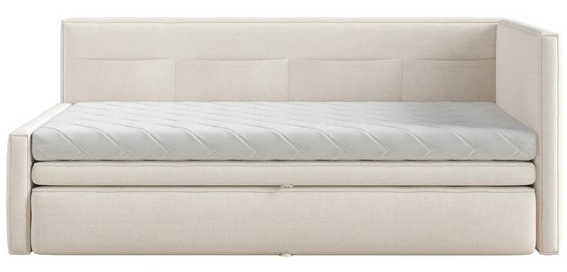 Jugendbett 90x200 cm Nesmi rechtsseitig mit Matratze und Bettkasten, cremefarbener Chenille, pflegeleicht