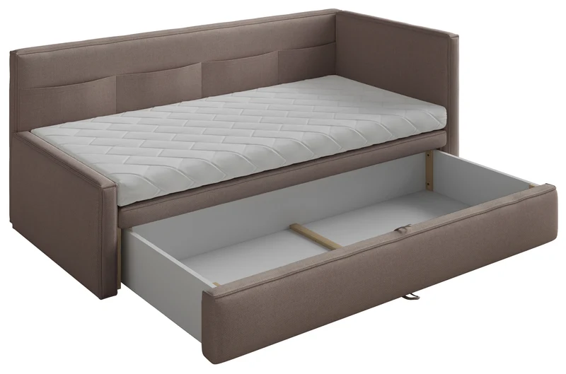 Jugendbett 90x200 cm Nesmi rechtsseitig mit Matratze und Stauraum hellbrauner Chenille, pflegeleicht