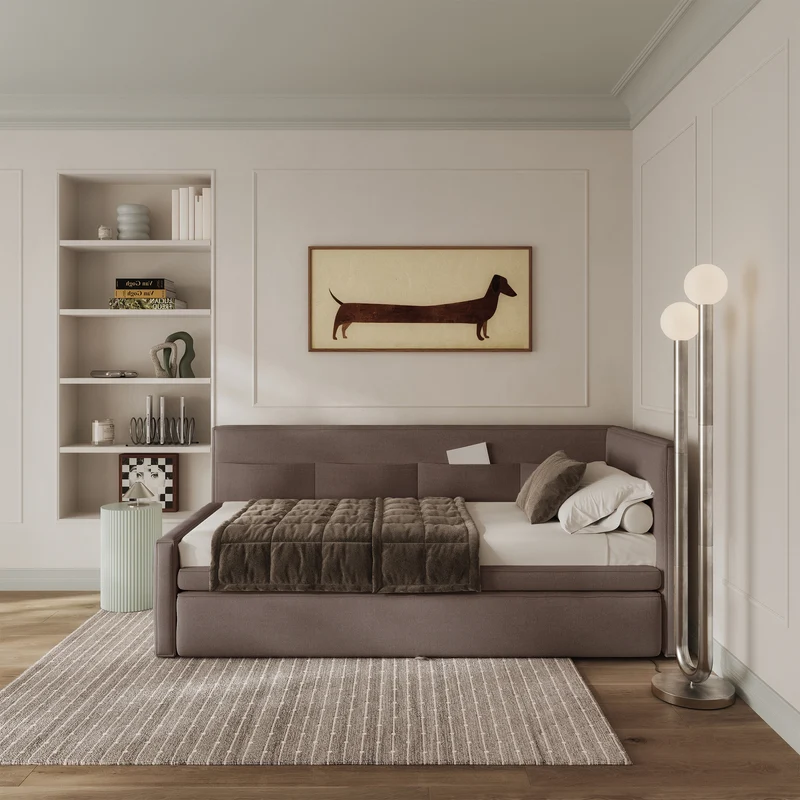 Jugendbett 90x200 cm Nesmi rechtsseitig mit Matratze und Stauraum hellbrauner Chenille, pflegeleicht