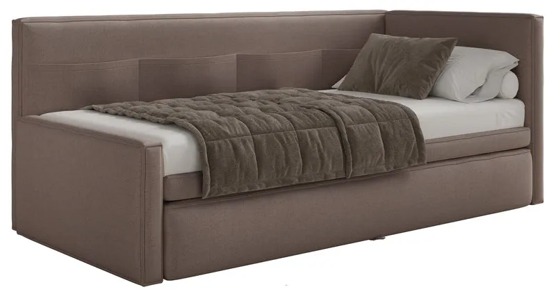 Jugendbett 90x200 cm Nesmi, links ausziehbar, mit Matratzen, hellbrauner Chenille, pflegeleicht