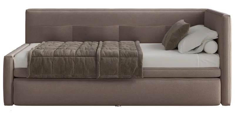 Jugendbett 90x200 cm Nesmi rechtsseitig mit Matratze und Stauraum hellbrauner Chenille, pflegeleicht