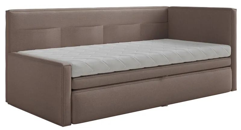 Jugendbett 90x200 cm Nesmi rechtsseitig mit Matratze und Stauraum hellbrauner Chenille, pflegeleicht