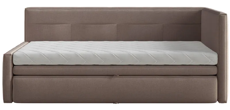 Jugendbett 90x200 cm Nesmi rechtsseitig mit Matratze und Stauraum hellbrauner Chenille, pflegeleicht