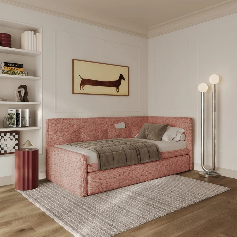 Jugendbett 90x200 cm Nesmi rechtsseitig mit Matratze und Stauraum, rosa Flechtoptik