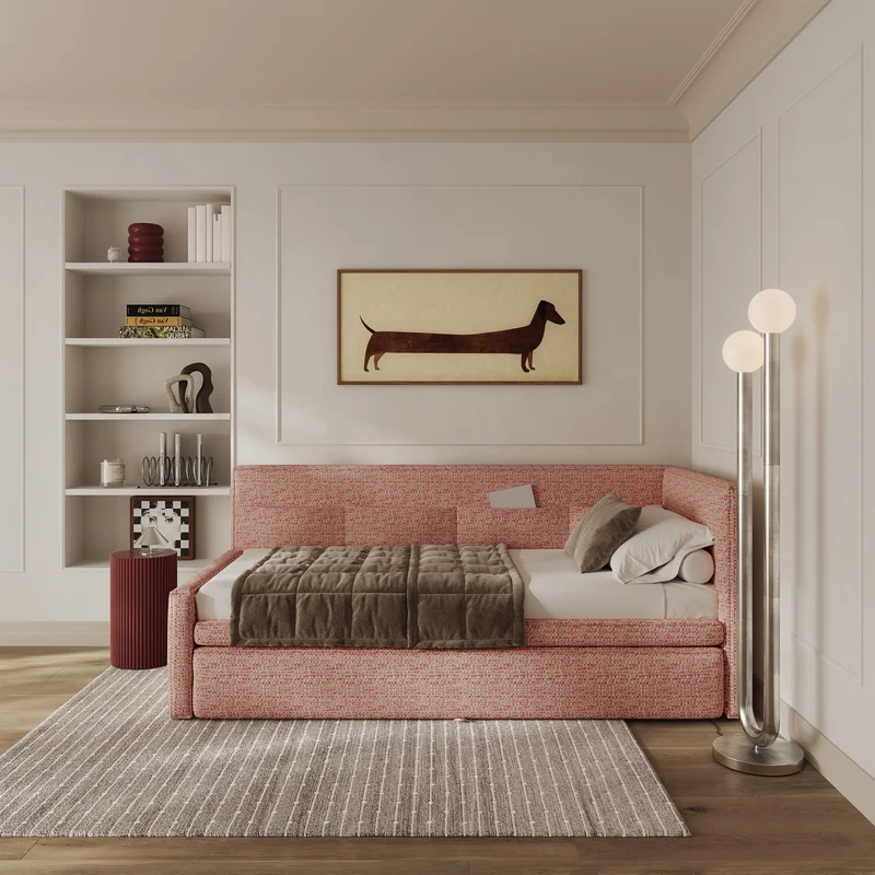 Jugendbett 90x200 cm Nesmi rechtsseitig mit Matratze und Stauraum, rosa Flechtoptik
