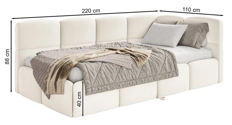 Jugendbett 90x200 cm Cloudy, links ausziehbar, mit Matratzen, beige Chenille
