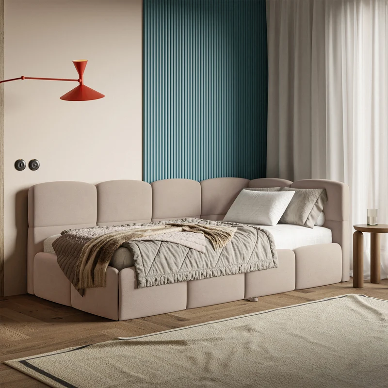 Jugendbett 90x200 cm Cloudy, rechtsseitig ausziehbar, mit Matratzen, beige Velours, wasserabweisend und pflegeleicht