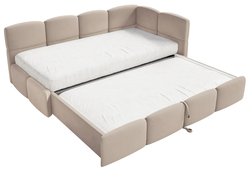 Jugendbett 90x200 cm Cloudy, rechtsseitig ausziehbar, mit Matratzen, beige Velours, wasserabweisend und pflegeleicht