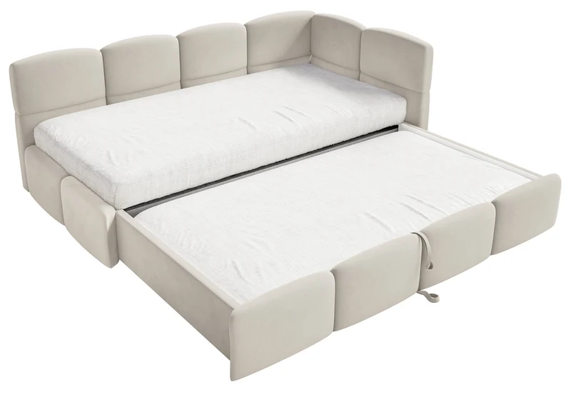 Jugendbett 90x200 cm Cloudy, rechtsseitig ausziehbar, mit Matratzen, hellbeiger Velours, wasserabweisend und pflegeleicht