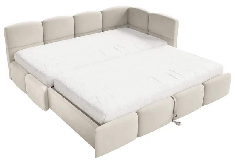 Jugendbett 90x200 cm Cloudy, rechtsseitig ausziehbar, mit Matratzen, hellbeiger Velours, wasserabweisend und pflegeleicht