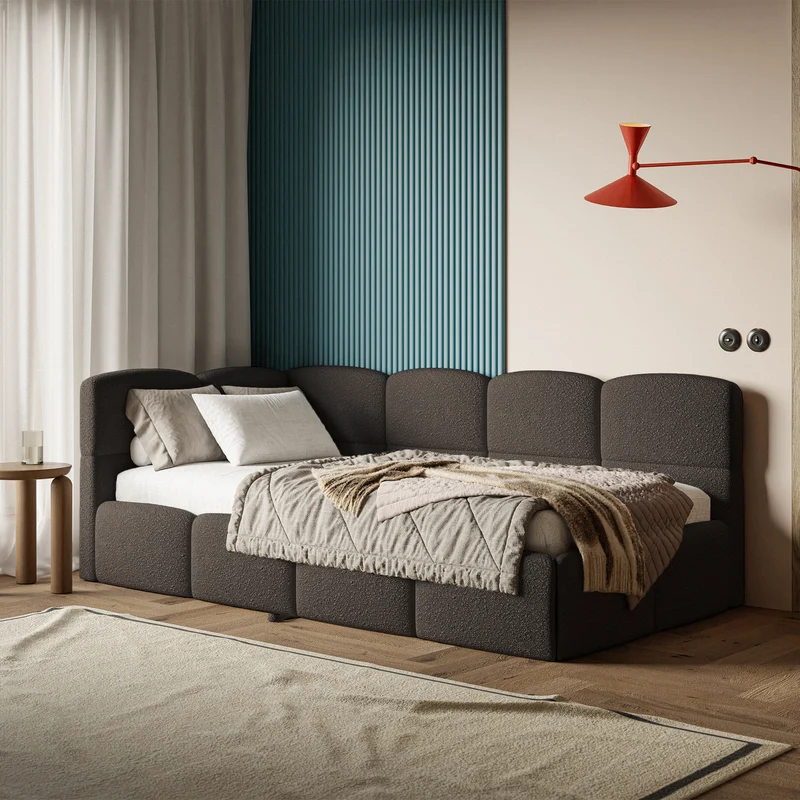 Jugendbett 90x200 cm Cloudy, links ausziehbar, mit Matratzen, braunes Bouclé