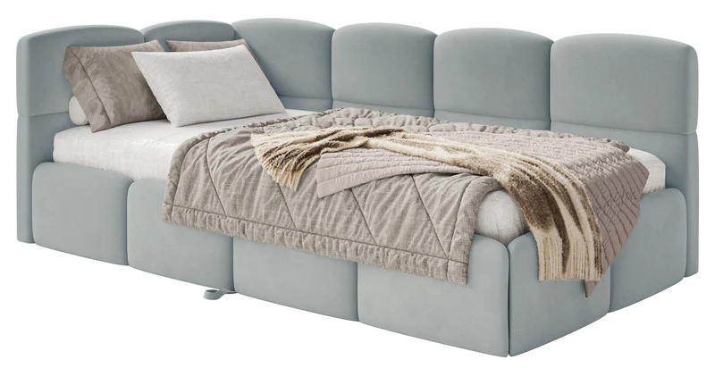 Jugendbett 90x200 cm Cloudy, links ausziehbar, mit Matratzen, grauer Velours, wasserabweisend und pflegeleicht