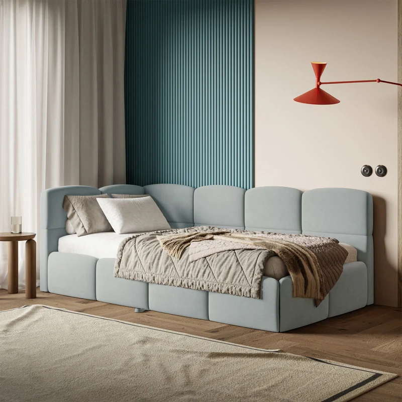 Jugendbett 90x200 cm Cloudy, links ausziehbar, mit Matratzen, grauer Velours, wasserabweisend und pflegeleicht