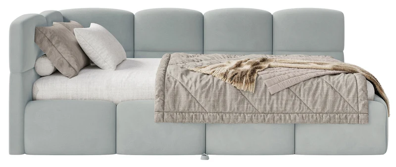 Jugendbett 90x200 cm Cloudy, links ausziehbar, mit Matratzen, grauer Velours, wasserabweisend und pflegeleicht