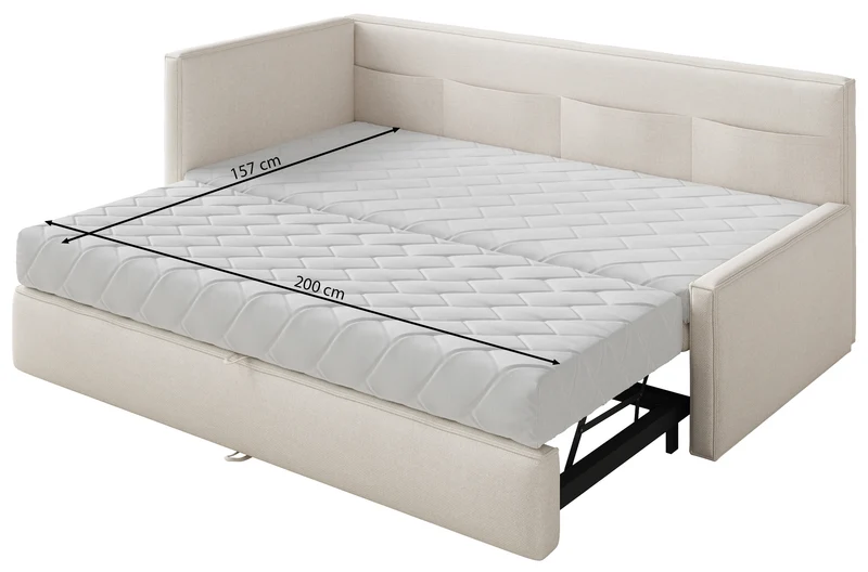 Jugendbett 90x200 cm Nesmi, links ausziehbar, mit Matratzen, hellbrauner Chenille, pflegeleicht