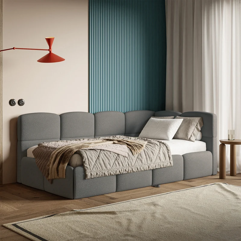 Jugendbett 90x200 cm Cloudy, rechtsseitig ausziehbar, mit dunkelgrauen Chenille-Matratzen