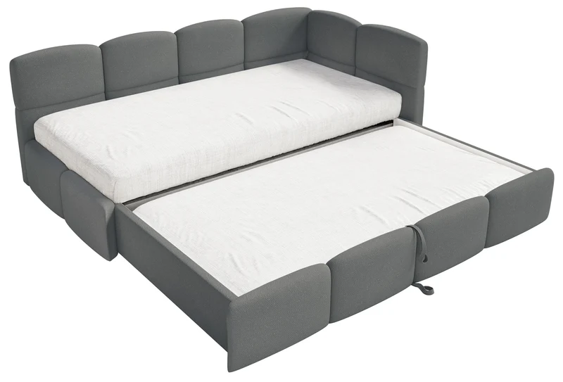 Jugendbett 90x200 cm Cloudy, rechtsseitig ausziehbar, mit dunkelgrauen Chenille-Matratzen