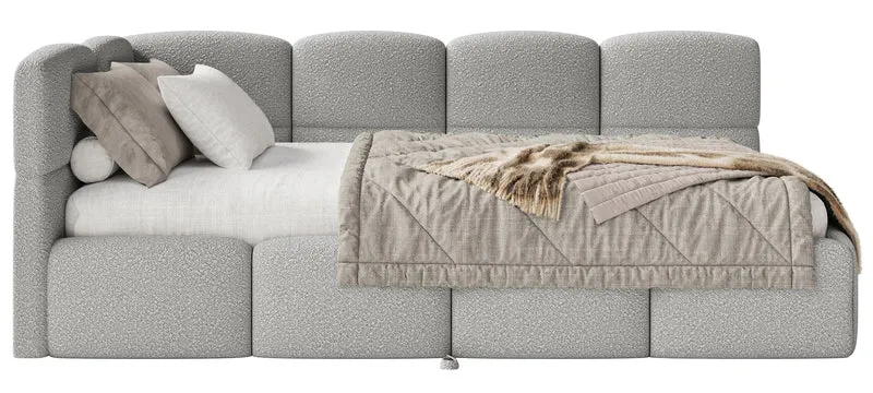 Jugendbett 90x200 cm Cloudy, links ausziehbar, mit Matratzen, graues Bouclé