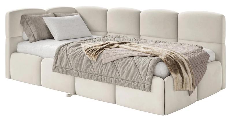 Jugendbett 90x200 cm Cloudy, links ausziehbar, mit Matratzen, hellbeiger Velours, wasserabweisend und pflegeleicht