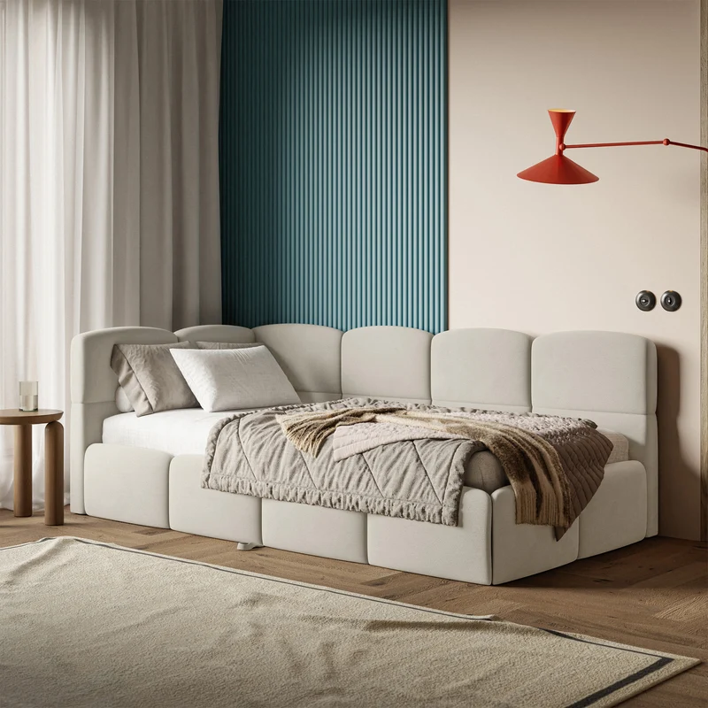 Jugendbett 90x200 cm Cloudy, links ausziehbar, mit Matratzen, hellbeiger Velours, wasserabweisend und pflegeleicht