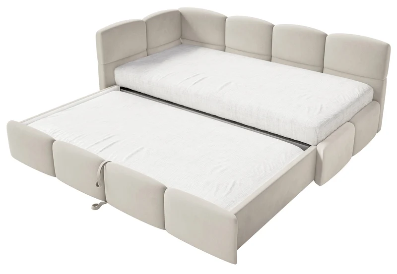 Jugendbett 90x200 cm Cloudy, links ausziehbar, mit Matratzen, hellbeiger Velours, wasserabweisend und pflegeleicht